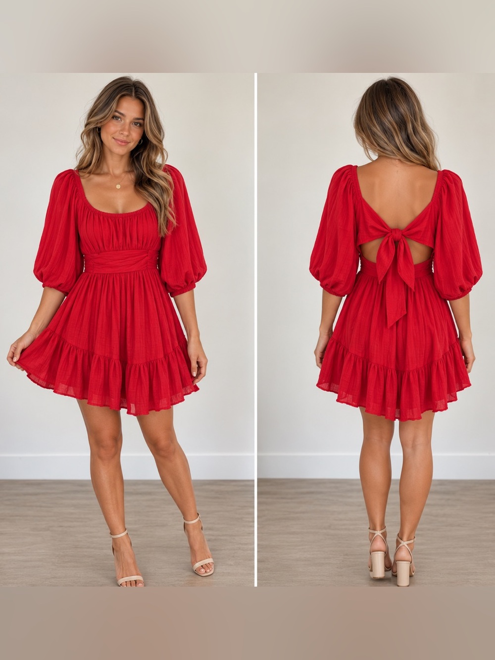 Hello Molly Scarlet Puff-Sleeve Tie-Back Mini Dress